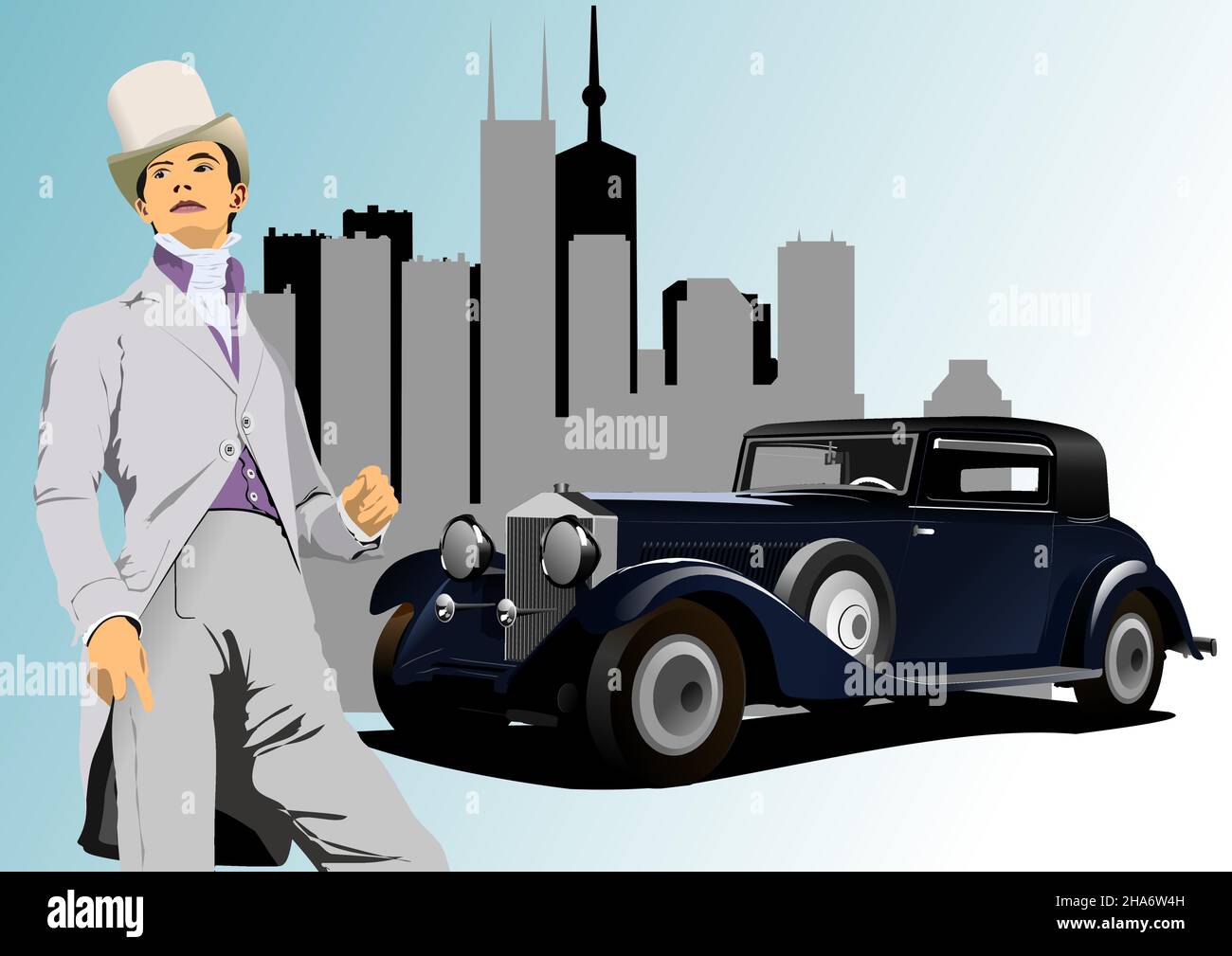 London Gentleman et vieille voiture noire sur fond de ville.Illustration vectorielle couleur 3D Illustration de Vecteur