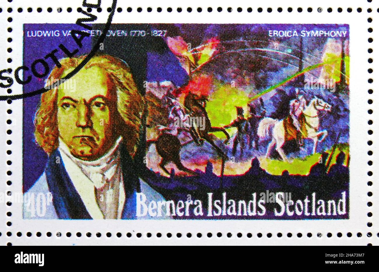 MOSCOU, RUSSIE - 4 NOVEMBRE 2021 : timbre-poste imprimé en Écosse montre Ludwig van Beethoven - 'Eroica Symphony', Écosse : série de l'île BERNERA, c Banque D'Images