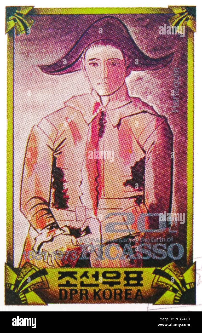 MOSCOU, RUSSIE - 4 NOVEMBRE 2021 : le timbre-poste imprimé en Corée montre Harlequin, centenaire de la naissance de la série Pablo Picasso, vers 1982 Banque D'Images