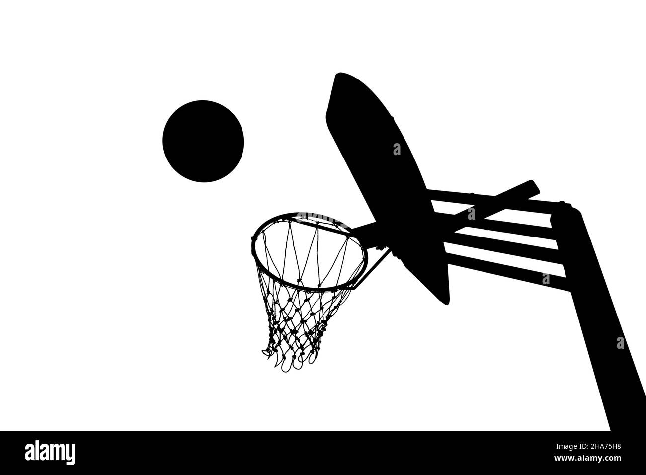 Silhouette de l'objectif de basket-ball, basket-ball traversant le panier, isolée sur fond blanc Banque D'Images