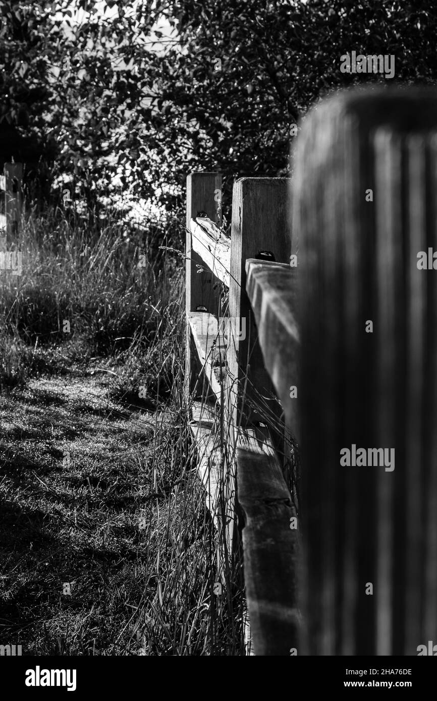 Prise de vue verticale en niveaux de gris d'une clôture en bois à l'extérieur, dans la campagne, un matin brumeux Banque D'Images