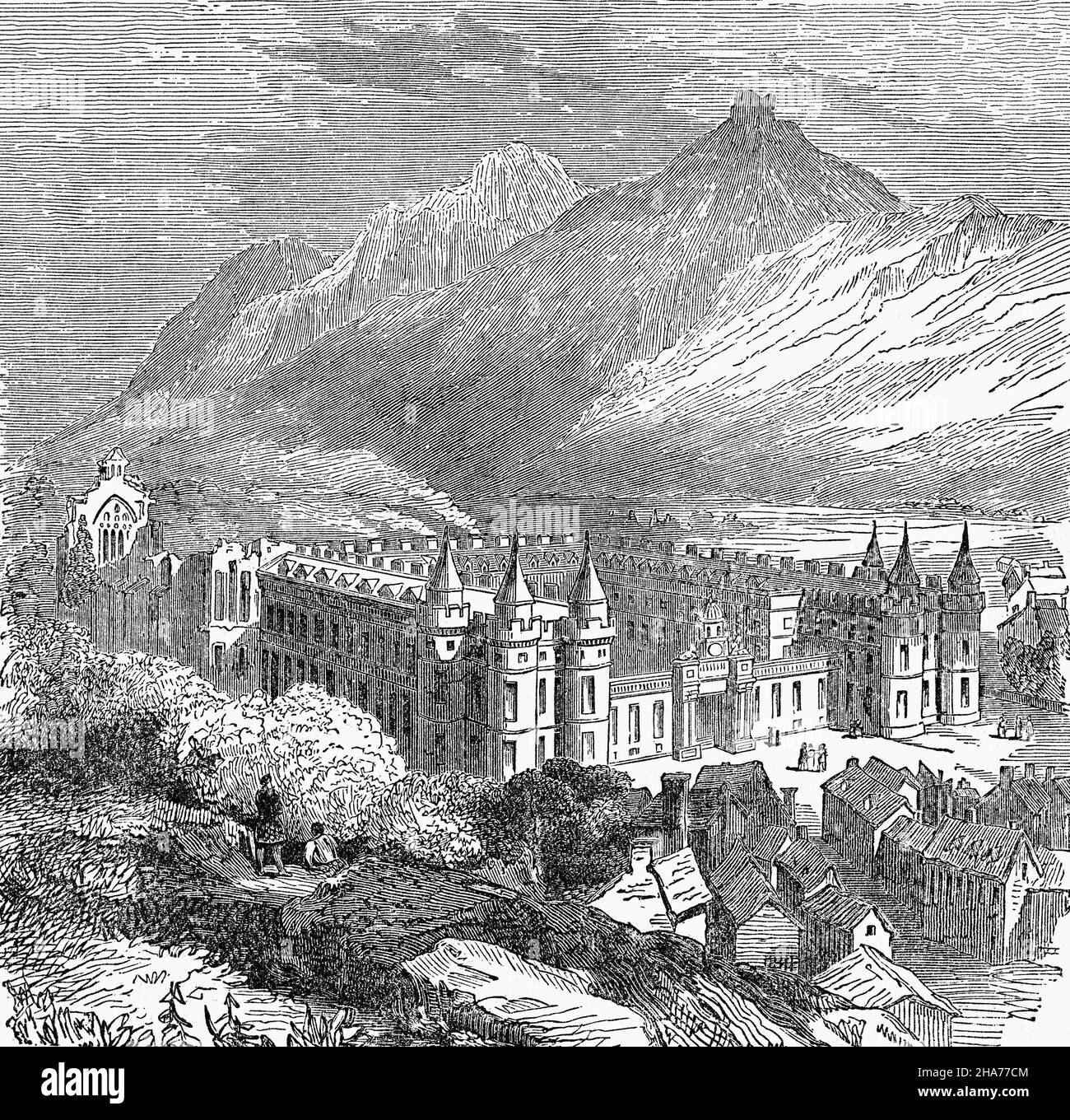 Illustration du Palais de Holyroodhouse, alias Holyrood Palace, résidence officielle du monarque britannique en Écosse, datant de la fin du siècle 19th.Située au bas du Royal Mile d'Édimbourg, à l'extrémité opposée du château d'Édimbourg, Holyrood House, conçue par Sir William Bruce et construite entre 1671 et 1678, a servi de résidence royale principale en Écosse et est un cadre pour les occasions d'État et les réceptions officielles. Banque D'Images