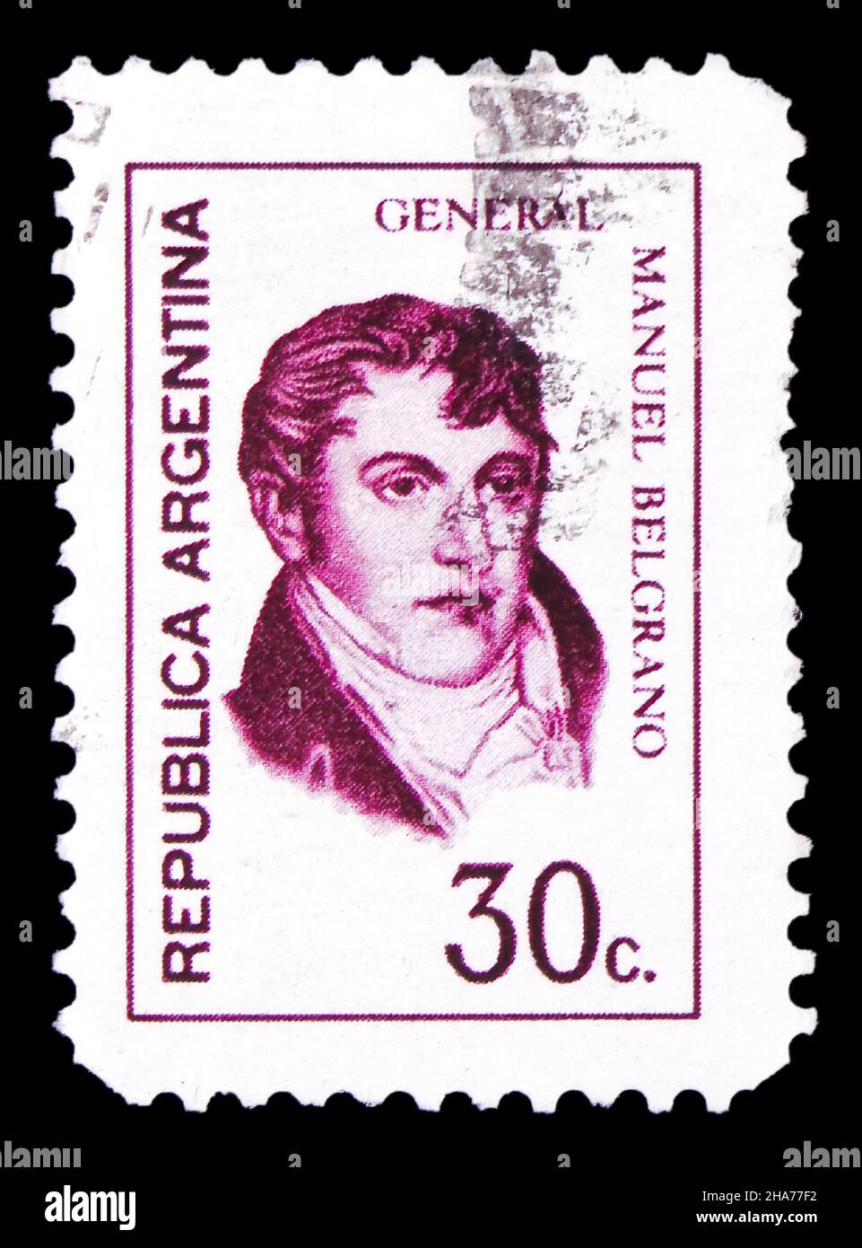 MOSCOU, RUSSIE - 8 NOVEMBRE 2021: Timbre-poste imprimé en Argentine montre le général Manuel Belgrano (1770-1820), série des généraux, vers 1974 Banque D'Images