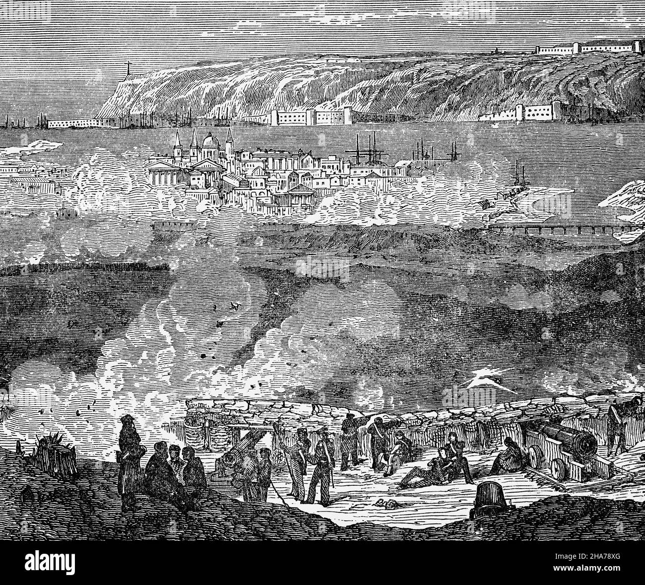 Illustration de la fin du siècle 19th d'un bombardement pendant le siège de  Sébastopol (1854-55) effectué par les troupes britanniques, françaises,  piémontaises et turques pendant la guerre de Crimée, qui a duré