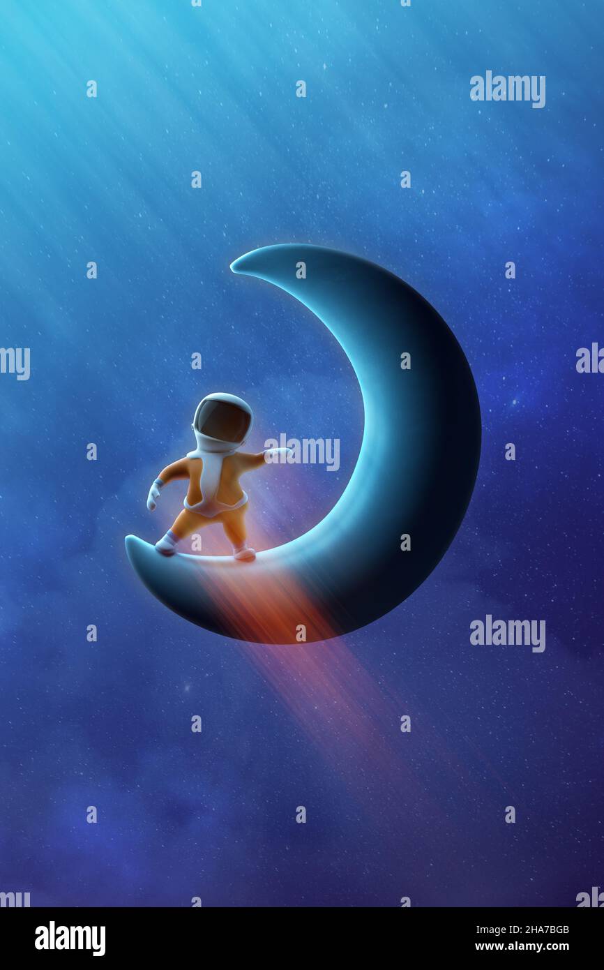 Un spaceman de dessin animé dansant sur le croissant de lune.Toon espace voyage, explorer, enfants caractères. Banque D'Images