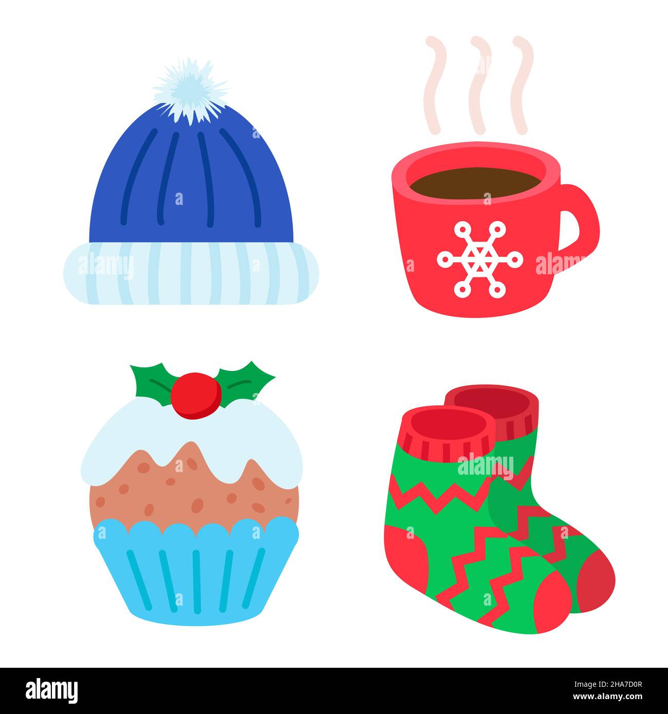 Ensemble d'éléments de vacances d'hiver.Joyeux Noël et bonne fête du nouvel an.Chapeau chaud avec pompon, tasse avec café chaud, gâteau traditionnel et Illustration de Vecteur