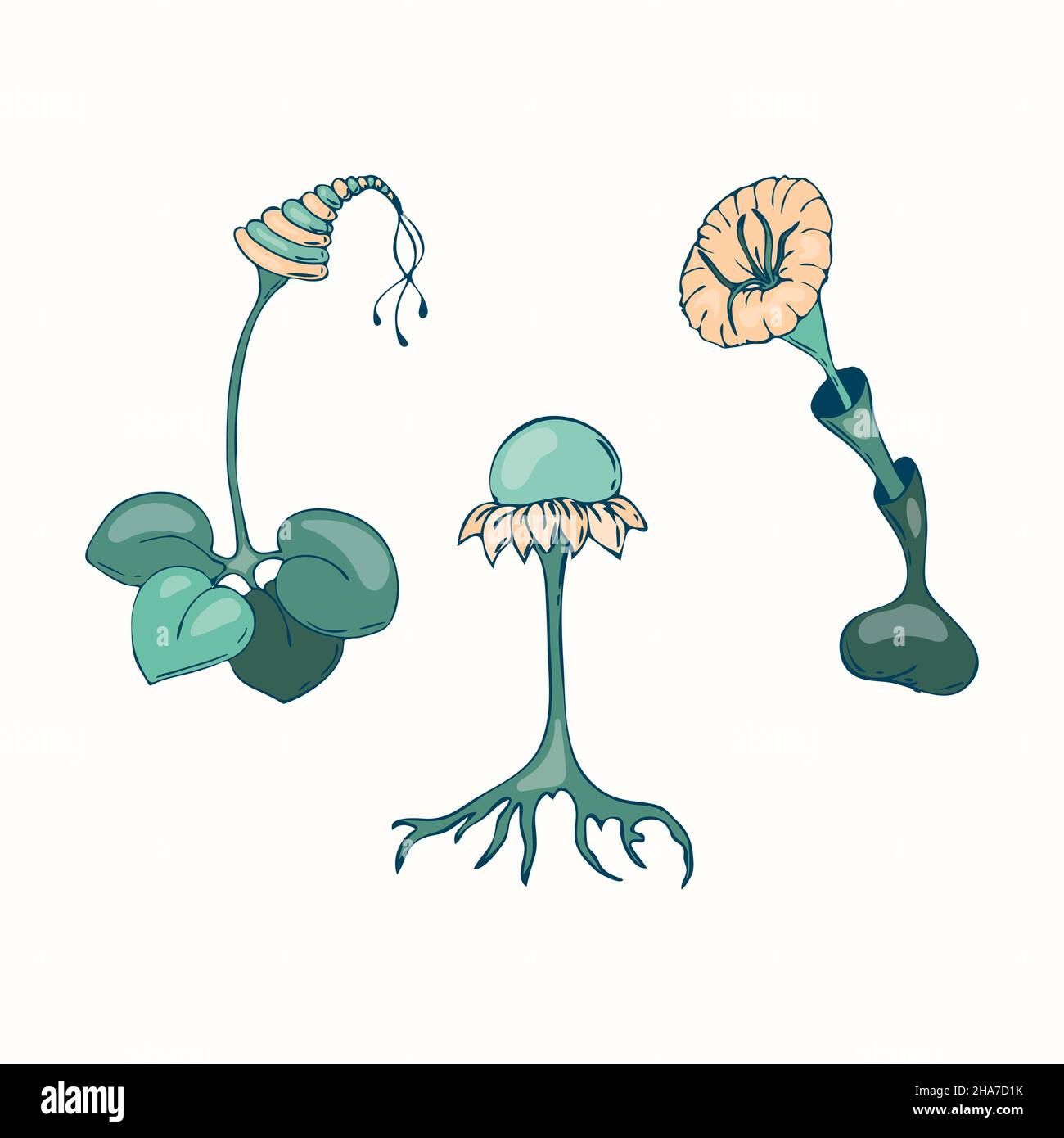 Des champignons fantastiques et irréalistes, dessinant à la main, sur fond blanc et isolé.Illustration vectorielle Illustration de Vecteur
