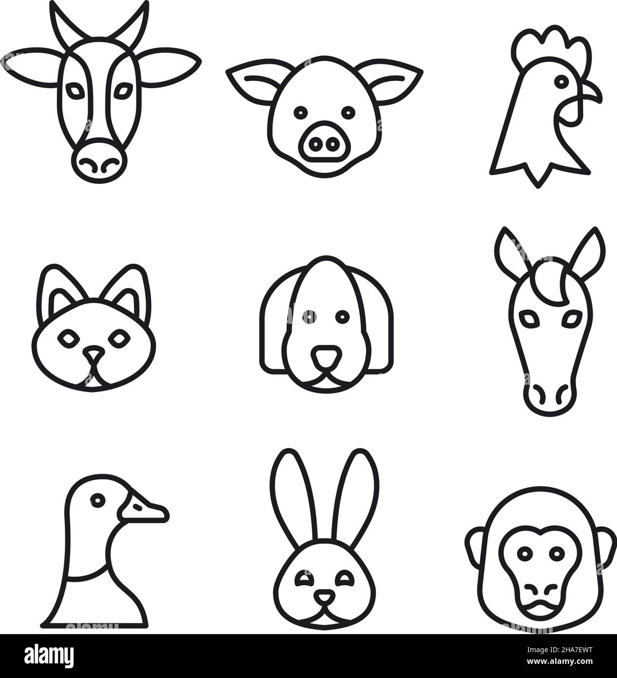 illustration des icônes de contour noir et blanc des animaux de ferme Illustration de Vecteur