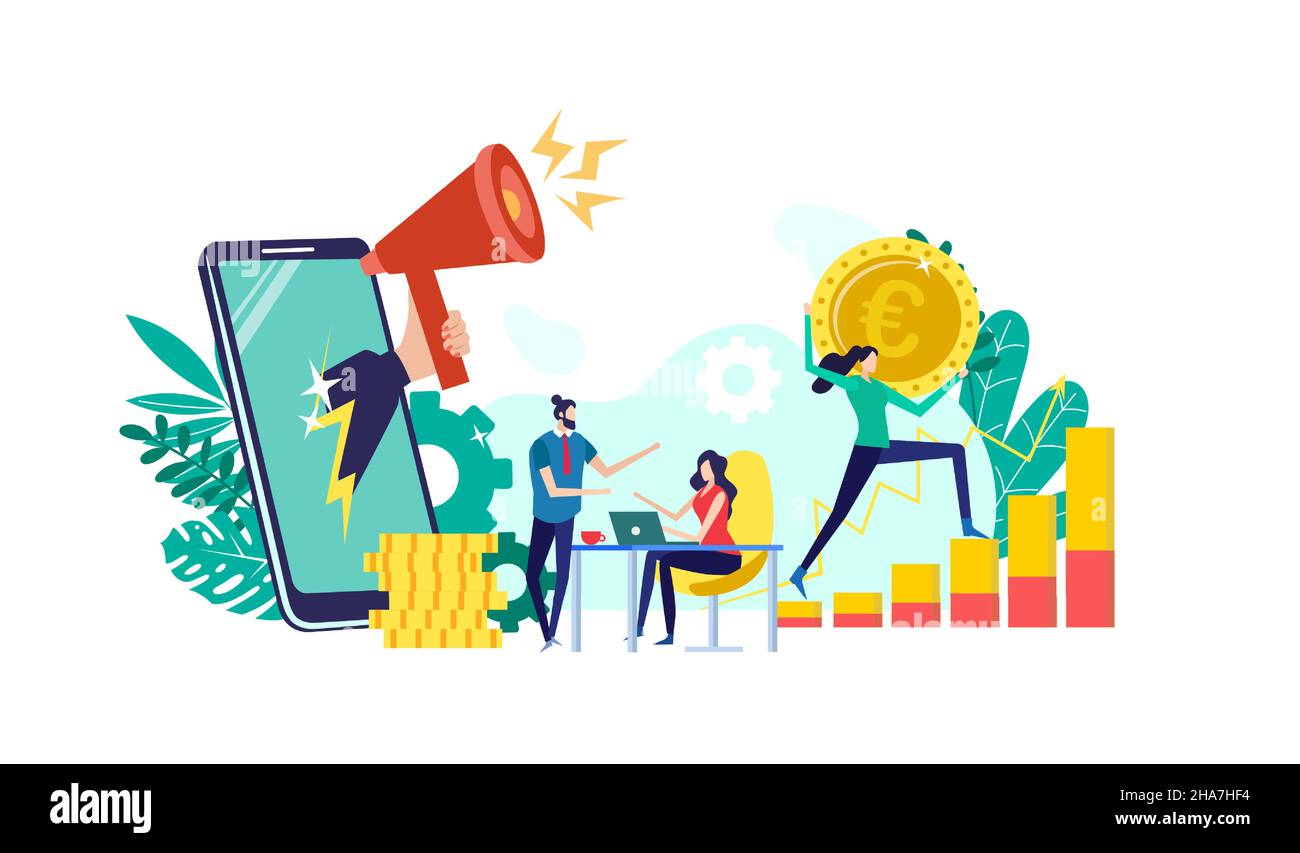Vecteur concept d'un marketing en ligne intelligent apportant des bénéfices aux investisseurs, aux gens d'affaires Illustration de Vecteur