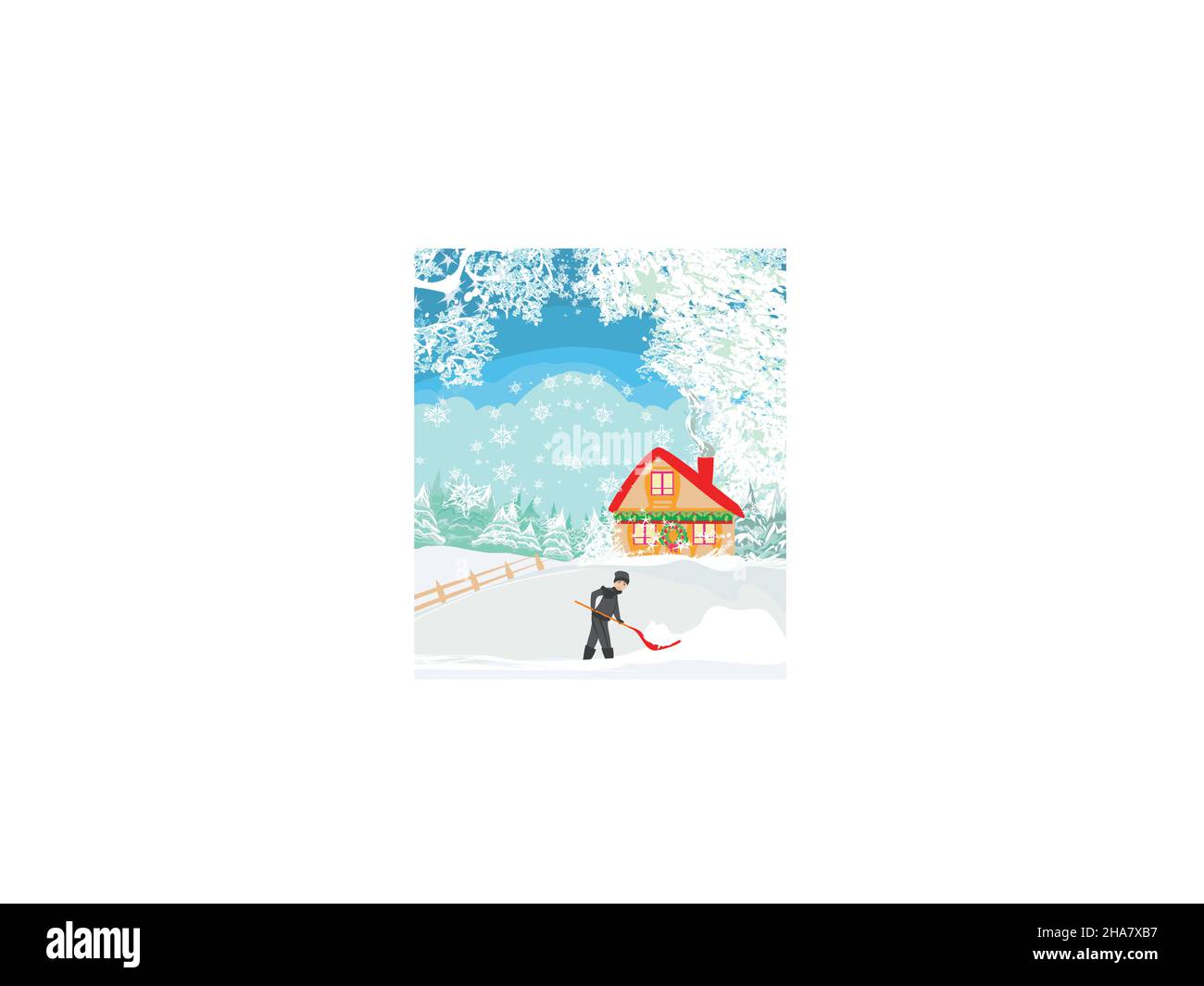 Homme pelleter la neige sur paysage d'hiver Illustration de Vecteur