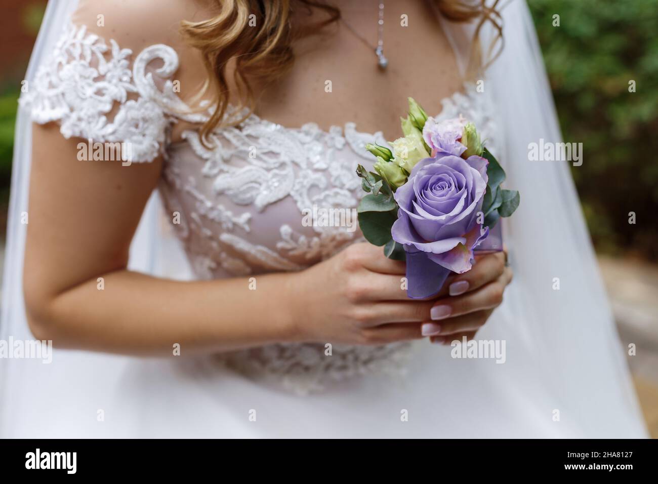 Mariée tenant dans ses mains une boutonnière rose de couleur très Peri.Couleur tendance de l'année 2022 dans les fleurs de mariage. Banque D'Images