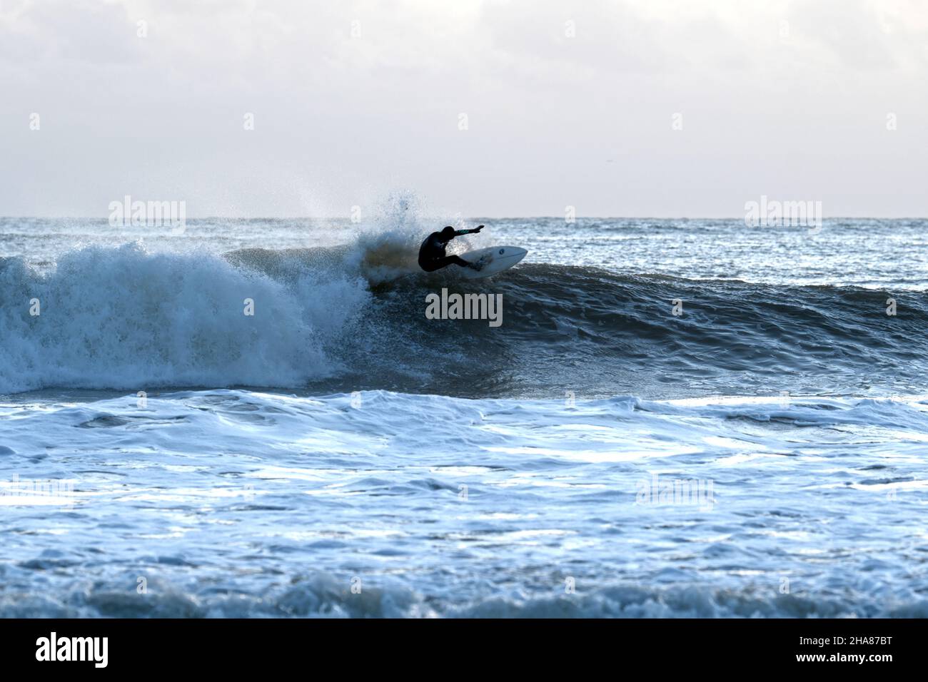 Le surfeur s'installe pour traverser le mur d'une longue vague qui s'écaille au coucher du soleil Banque D'Images