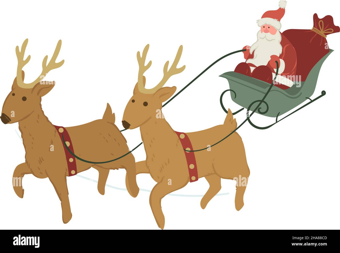 Noël et fête du nouvel an, le Père Noël isolé se pose sur des traîneaux en tête de rennes.Le personnage de Noël se précipite pour offrir des cadeaux et des cadeaux Illustration de Vecteur