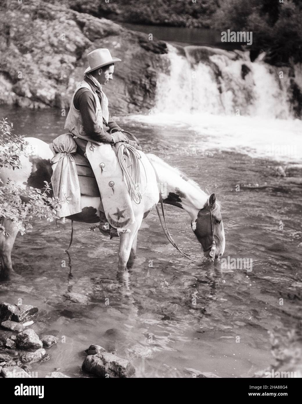 1930S COW-BOY À CHEVAL LAISSER SON CHEVAL DE PEINTURE BOIRE DE L'EAU DU RUISSEAU DANS LE PARC NATIONAL DE GLACIER MONTANA USA - H5001HAR001 HARS NATIONAL ÉTATS-UNIS COPIE ESPACE PLEINE LONGUEUR PERSONNES INSPIRATION SELLE COURS D'EAU ÉTATS-UNIS D'AMÉRIQUE SOINS MÂLES PONEY WESTERNPROFESSION CONFIANCE B&W REPOS AMÉRIQUE DU NORD COWBOYS NORTH AMERICAN PERFORMING ARTS CHEVAL OCCUPATION BONHEUR MAMMIFÈRES AVENTURE SA FORCE D'INTERPRÈTE DE LOISIRCASCADE CARRIÈRES CONNAISSANCES PARCS FIERTÉ RÉCRÉATIVE LAISSER SUR ENTERTAINER GLACIER OCCUPATIONS ACTEURS CONCEPTUELS MT STYLISÉ PINTO PARC NATIONAL CHAPS ANIMATEURSMAMMIFÈRE Banque D'Images