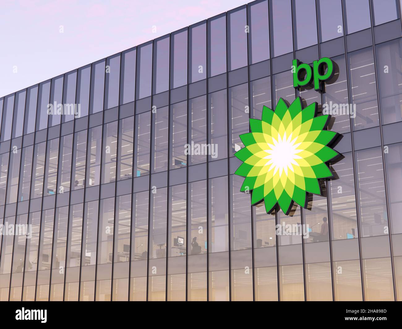 Londres, Royaume-Uni.7 novembre 2021.Usage éditorial seulement, 3D CGI.Logo BP sur le dessus du bâtiment en verre.British Petroleum Workplace of Gas and Banque D'Images