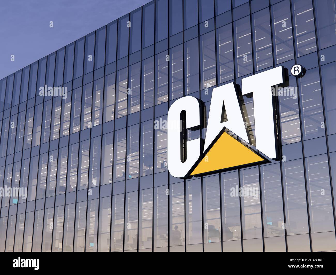 Deerfield, Illinois, États-Unis.8 juillet 2021.Usage éditorial seulement, 3D CGI.LOGO CAT Holding Signage Top Glass Building.Lieu de travail de Caterpillar Construction Machi Banque D'Images