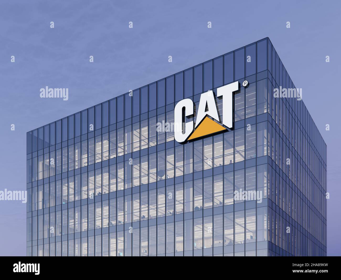 Deerfield, Illinois, États-Unis.8 juillet 2021.Usage éditorial seulement, 3D CGI.LOGO CAT Holding Signage Top Glass Building.Lieu de travail de Caterpillar Construction Machi Banque D'Images