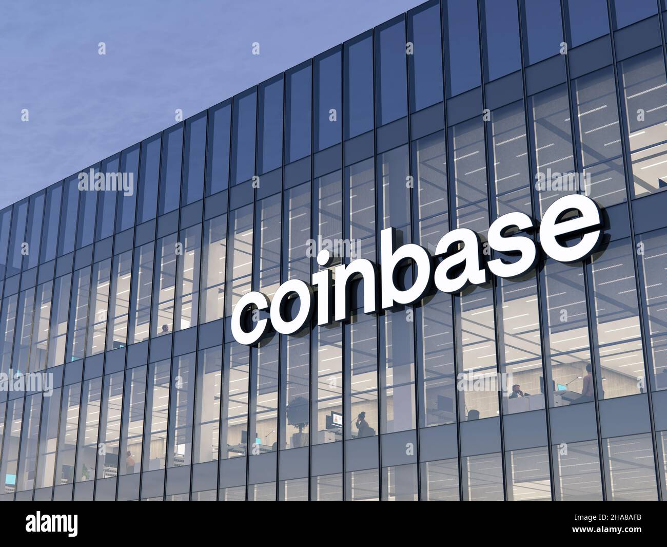 New York, États-Unis.21 novembre 2021, usage éditorial seulement, 3D  CGI.Logo CoinBase sur le dessus du bâtiment en verre.Excha. Crypto-monnaie  sur le lieu de travail Photo Stock - Alamy