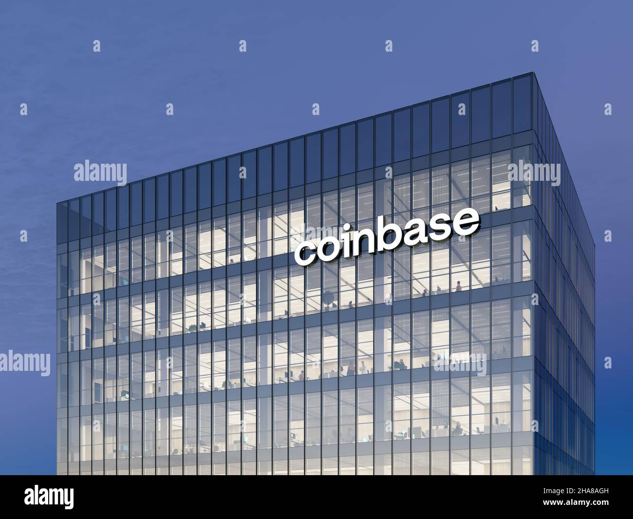 New York, États-Unis.21 novembre 2021, usage éditorial seulement, 3D  CGI.Logo CoinBase sur le dessus du bâtiment en verre.Excha. Crypto-monnaie  sur le lieu de travail Photo Stock - Alamy