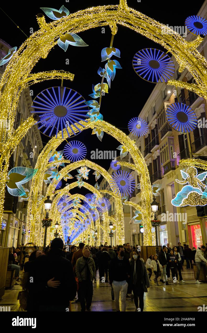 Chritmas éclairage sur Calle Larios, Malaga, Andalousie, Espagne. Banque D'Images