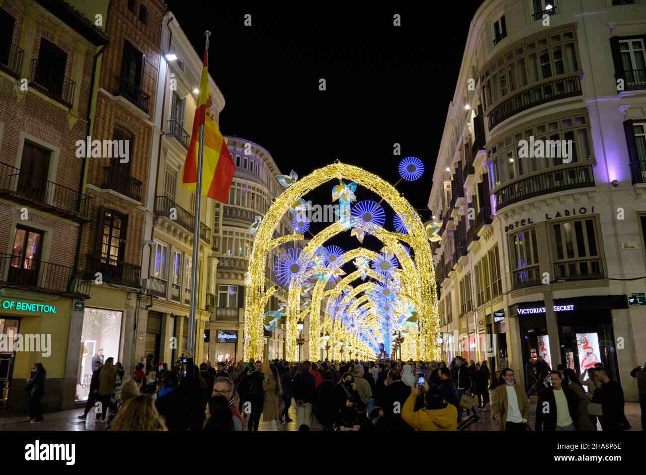 Chritmas éclairage sur Calle Larios, Malaga, Andalousie, Espagne. Banque D'Images