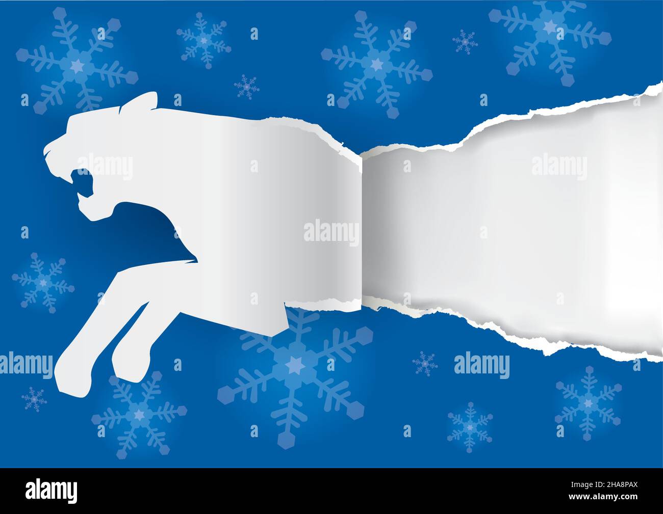 Papier Tiger silhouette ripping papier arrière-plan avec flocons de neige.Illustration du modèle de bannière, année du tigre.Place pour votre texte ou image. Illustration de Vecteur