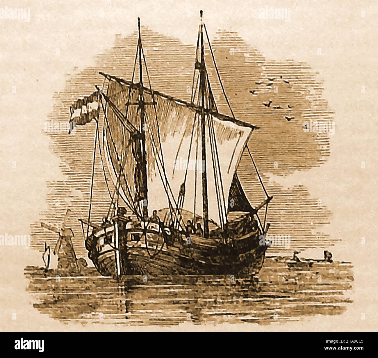 Illustration de la fin du siècle 19th d'un bateau de pêche hollandais connu sous le nom de DGGER.Utilisé principalement en mer du Nord, il était semblable à un clinker construit ketch mais gaff-truqué sur le mât principal, et portant une voile de patte sur le mizzen, avec deux flèches sur un long Bowscrit.La Marine royale britannique a utilisé certains de ces navires équipés de canons au cours du 17th siècle.Elle a également été utilisée comme transporteur de marchandises dans la Manche Banque D'Images
