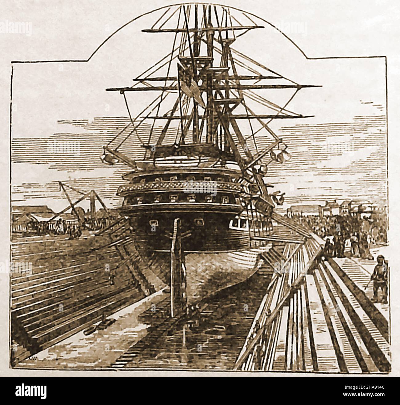 1889 impression d'un quai de Graving britannique (quai sec) contenant un pont élévateur hydraulique utilisé sur un navire à voile.L'ascenseur était équipé de presses indépendantes qui fonctionnaient par un moteur à vapeur. Banque D'Images