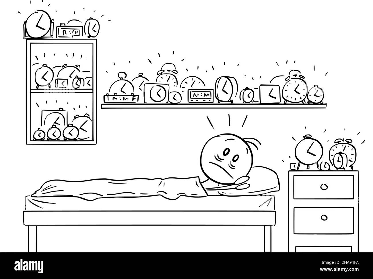 Personne ne pouvant pas dormir dans la chambre avec beaucoup de réveils, insomnie la nuit, Vector Cartoon Stick Figure Illustration Illustration de Vecteur