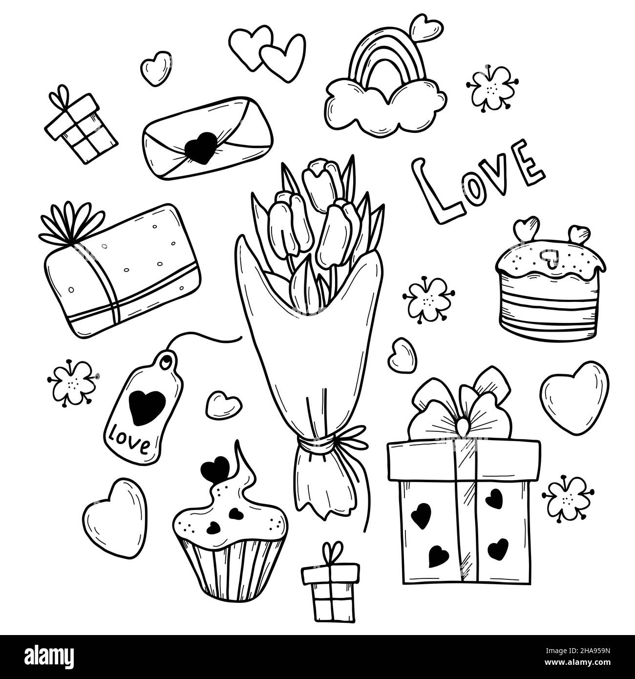 Ensemble de jolis cadeaux. Magnifique bouquet de tulipes et boîte cadeau, coeur et lettre avec enveloppe, dessert doux et arc-en-ciel.Illustration vectorielle.Sortie Illustration de Vecteur