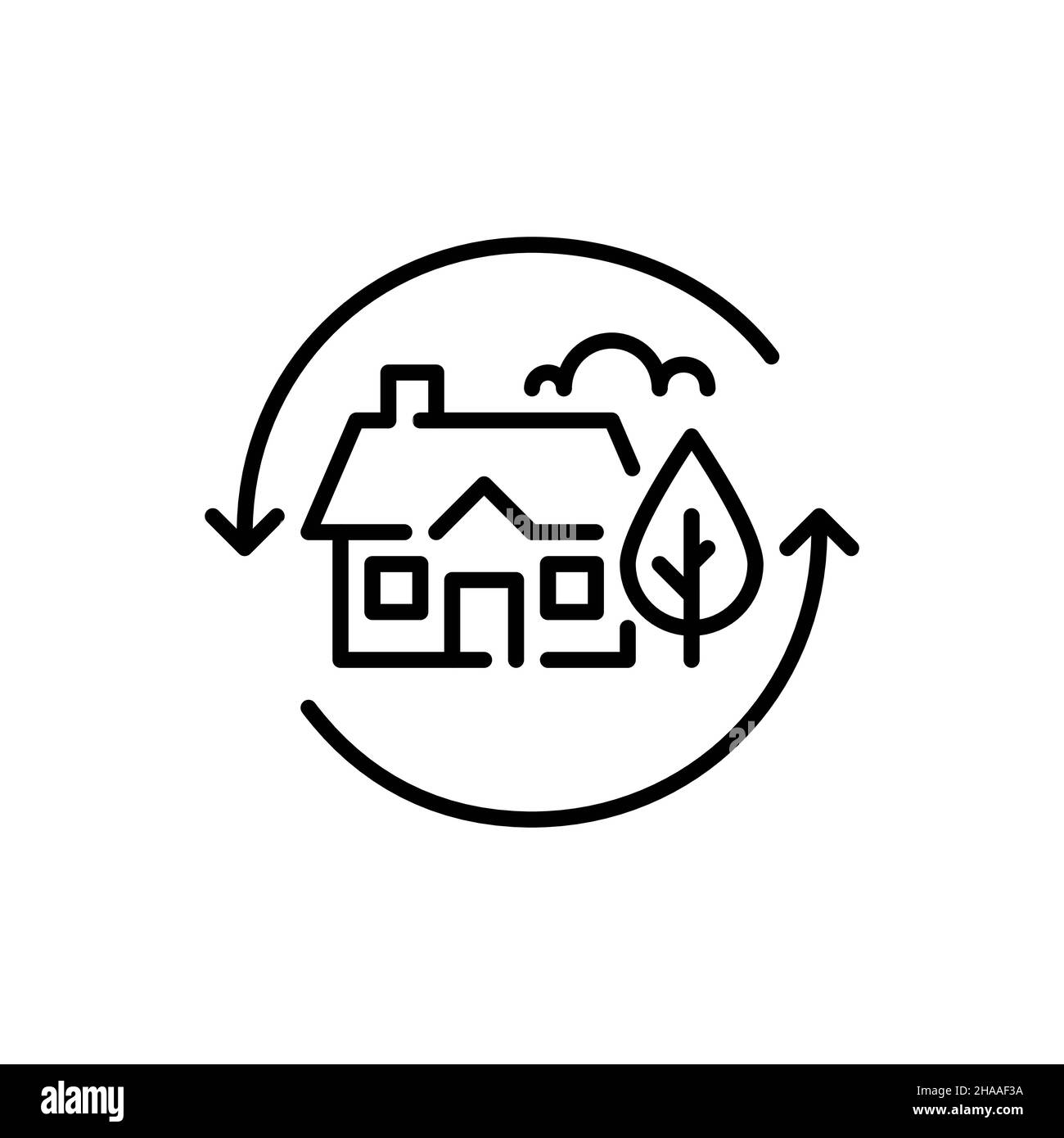 Mode de vie écologique durable.Maison avec arbres verts.Pixel Perfect, icône de contour modifiable Illustration de Vecteur