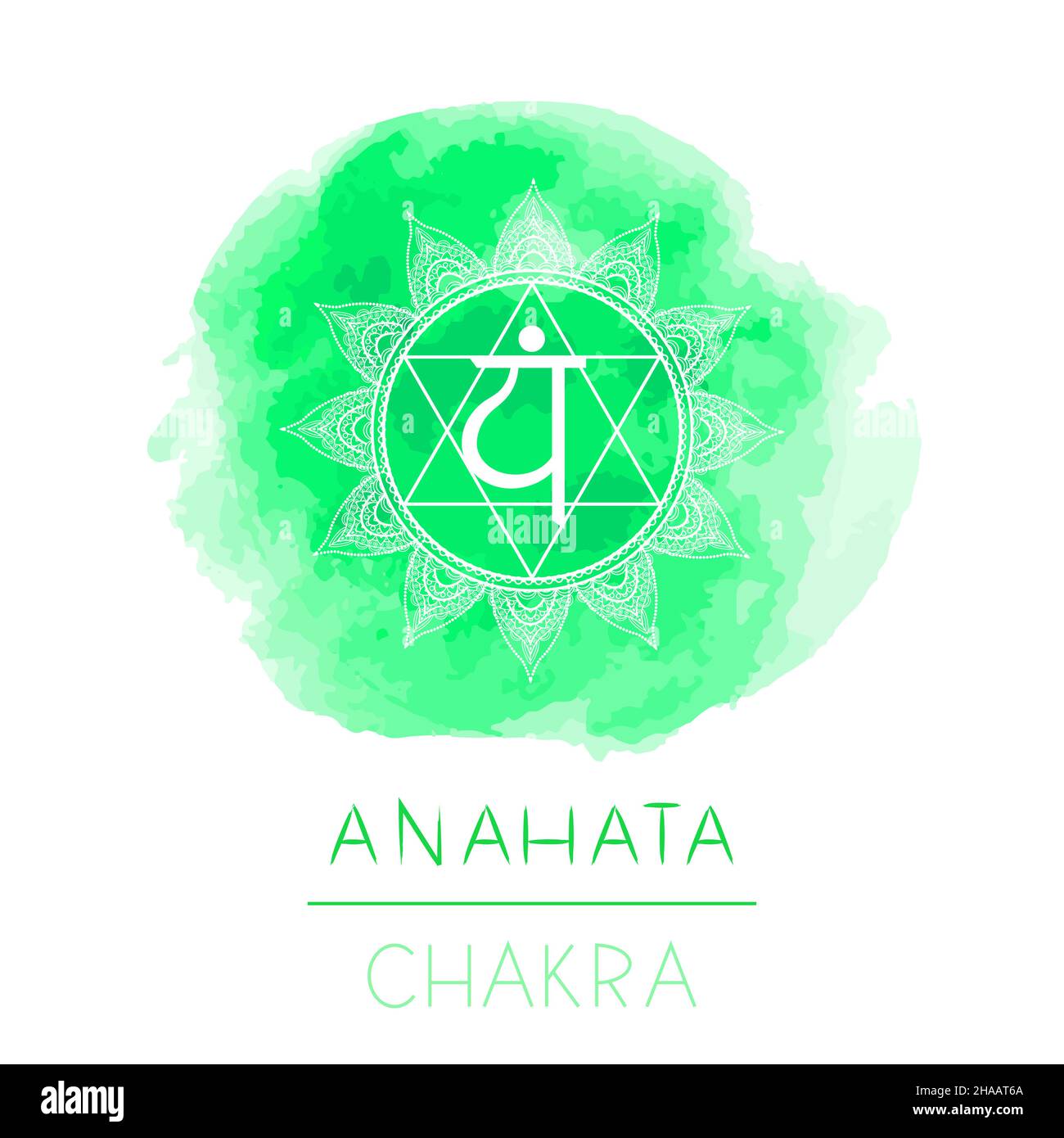 Illustration vectorielle avec symbole chakra anahata et élément aquarelle sur fond blanc. Entourez le motif de mandala et le lettrage dessiné à la main. Couleur. Illustration de Vecteur