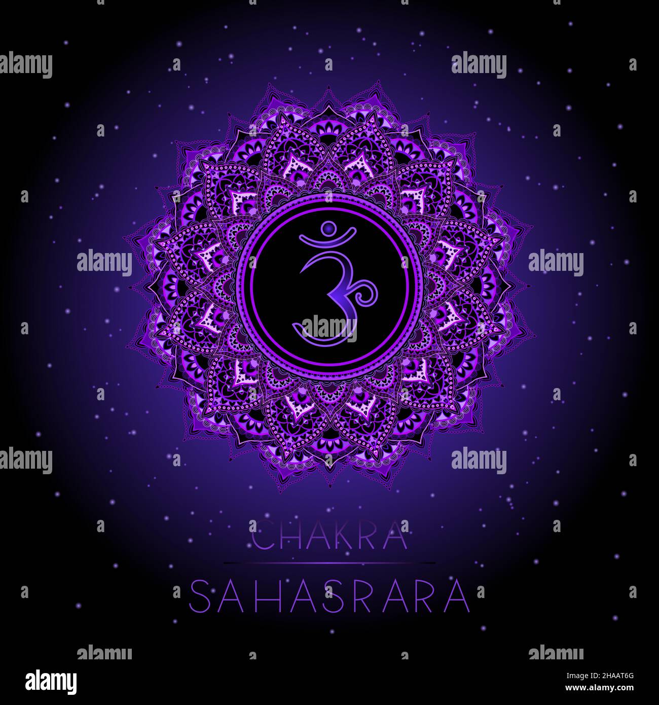 Illustration vectorielle avec le symbole Sahasrara - couronne chakra sur fond noir.Motif de mandala rond et lettres dessinées à la main.Couleur. Illustration de Vecteur