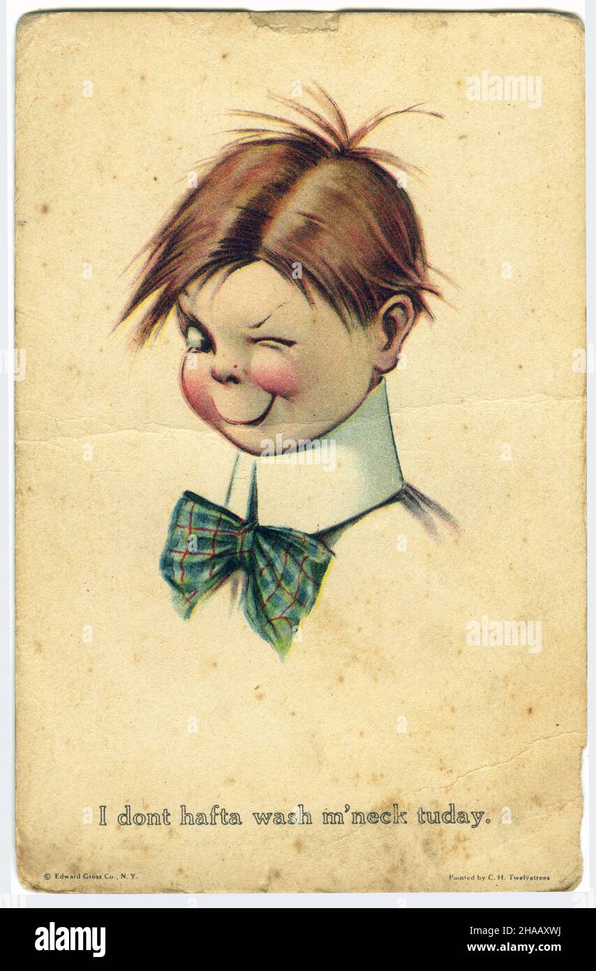 Carte postale avec un garçon triché portant un col montant disant : « Je ne hafta pas laver le cou aujourd'hui »; vers 1910 Banque D'Images