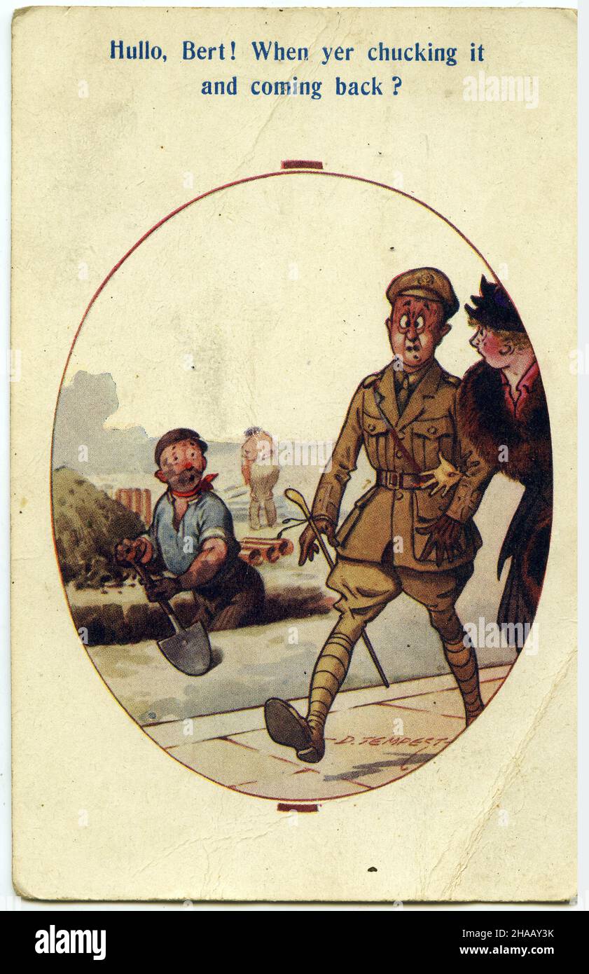 carte postale présentant un ouvrier demandant à un soldat lorsqu'il revient au travail; vers 1915 Banque D'Images