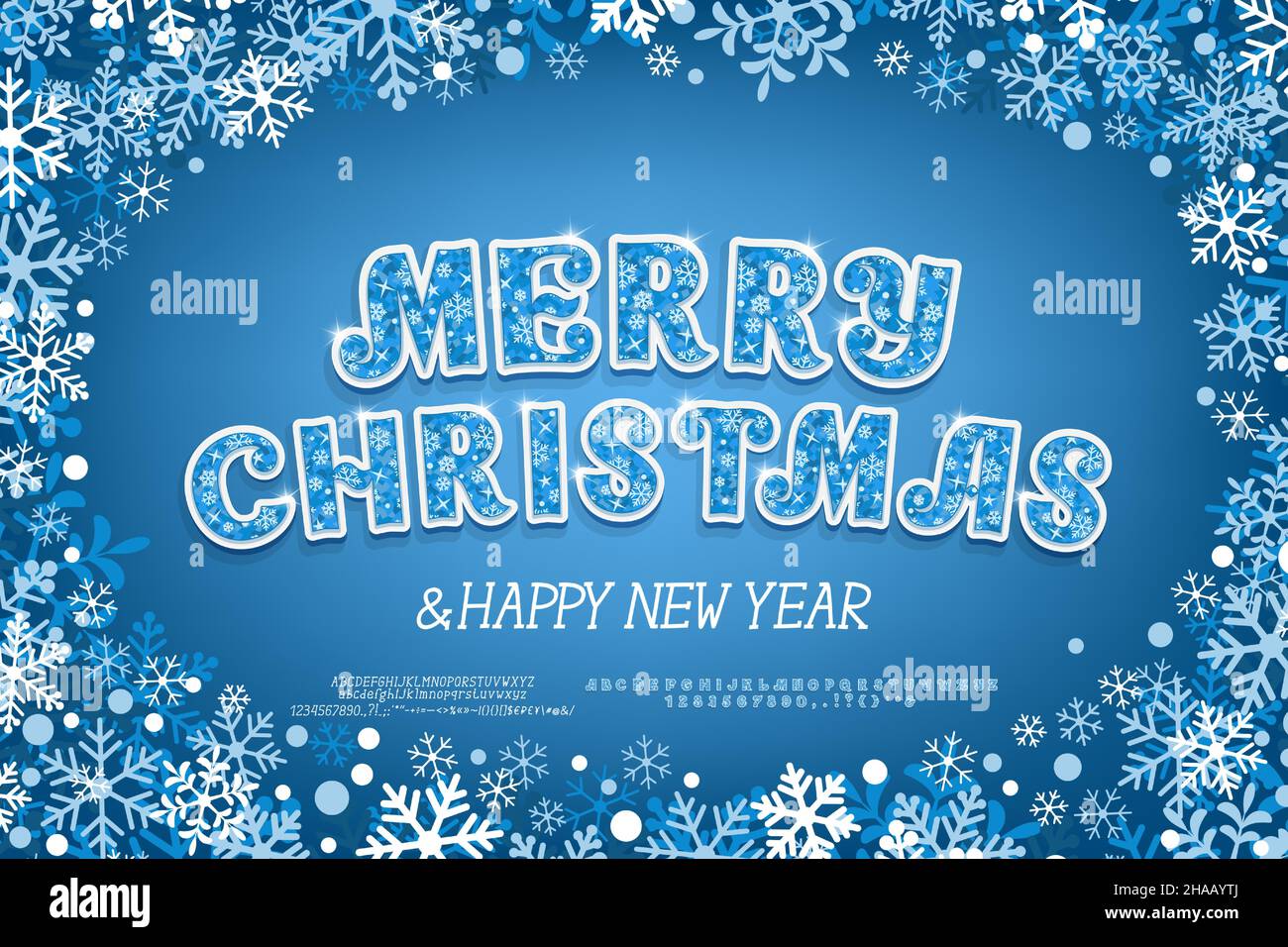 Carte de Noël Merry Christmas avec cadre en flocons de neige bleu-blanc et police décorative sur fond bleu marine.Deux jeux de polices vectorielles sont inclus. Illustration de Vecteur