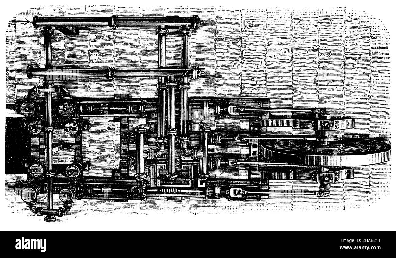 Machine à colonne d'eau horizontale dans l'arbre Queen Mary près de Clausthal (vue d'en haut), , (encyclopédie, 1898), Liegende Wassersäulenmaschine im Königin-Marien -Schachte BEI Clausthal (von oben gesehen). Banque D'Images