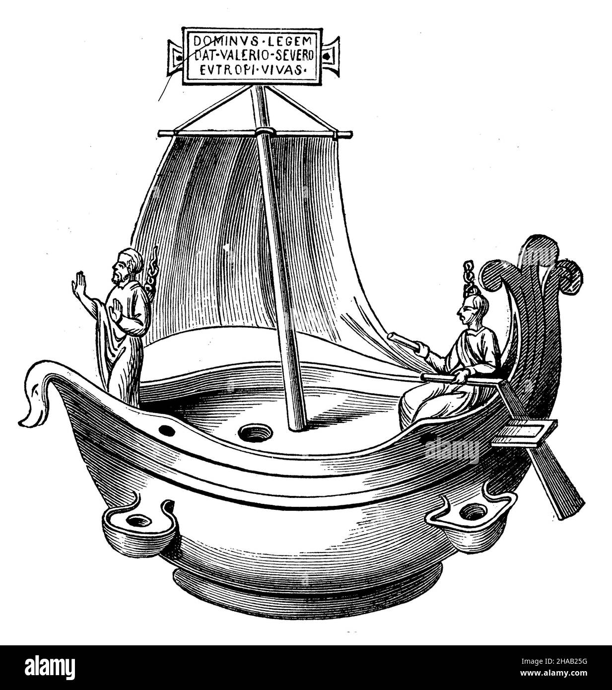 Ancienne lampe chrétienne en bronze.(4th siècle).Christ comme homme d'helmsman, homme comme passager, se précipitant vers le port de l'éternité, porté par le navire de l'église., , (livre d'histoire, 1899), Altchristliche Lampe aus Bronze.(4.Jahrhundert).Christus als Steuermann, der Mensch als Passagier, dem Hafen der Ewigkeit zueilend, getragen vom Schiffe der Kirche Banque D'Images
