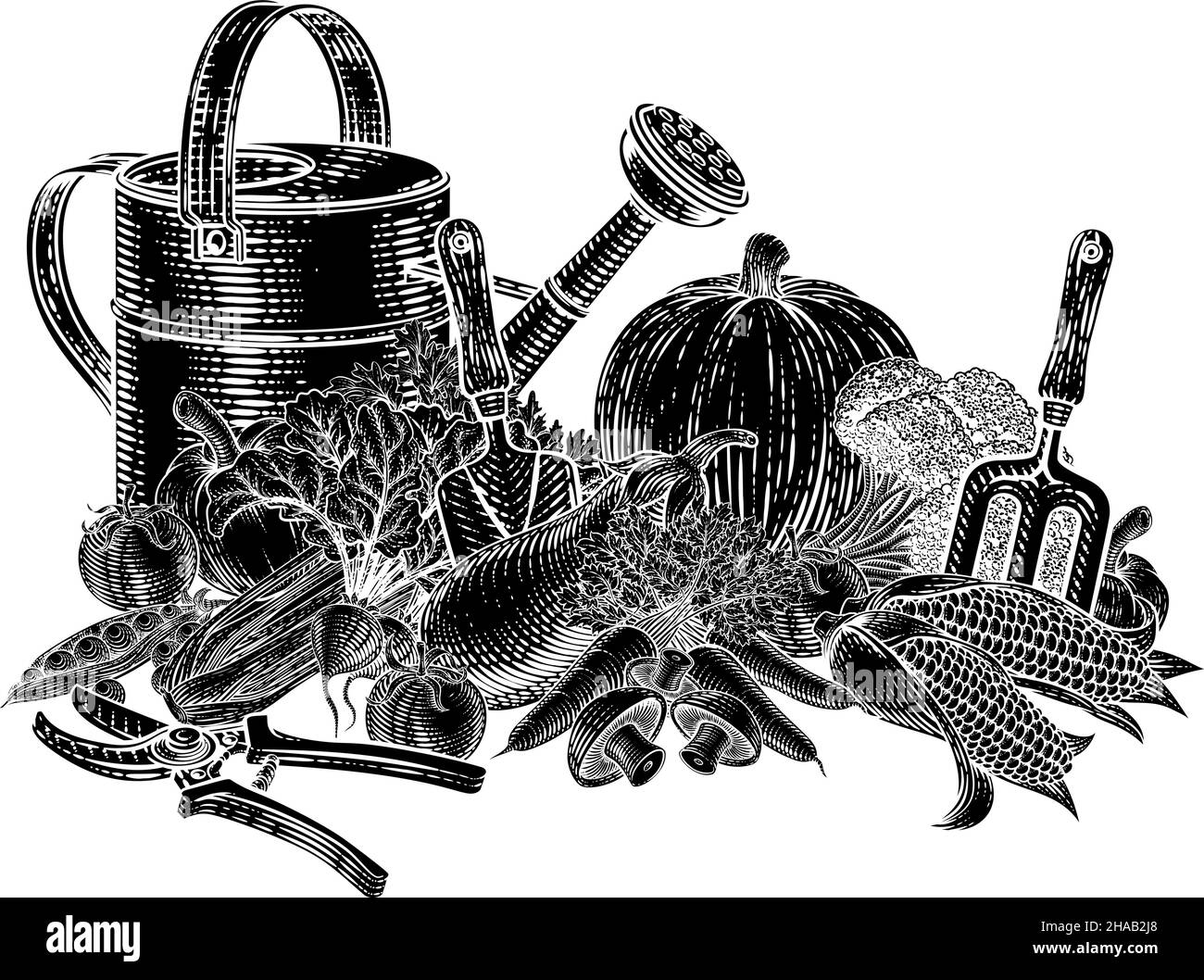 Outils de jardinage légumes produisent du bois d'époque Illustration de Vecteur