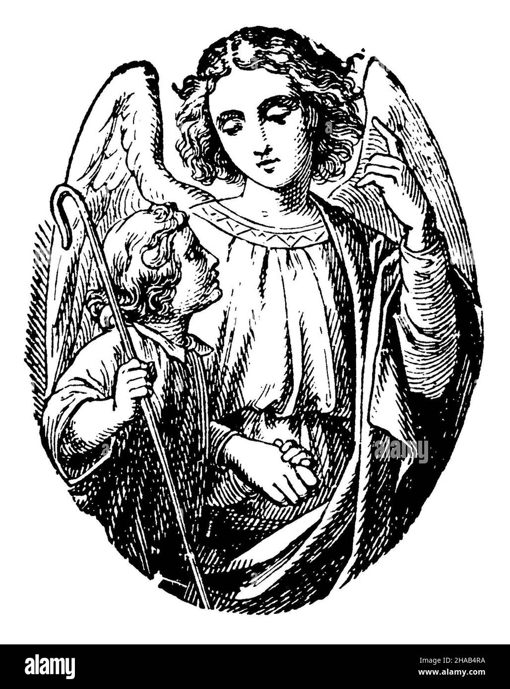 L'ange gardien accompagne l'enfant avec un bâton de marche, , (livre de lecture, 1883), Schutzengel begleitet Kind mit Wanderstab, Ange gardien accompagnant un enfant avec un bâton de marche Banque D'Images