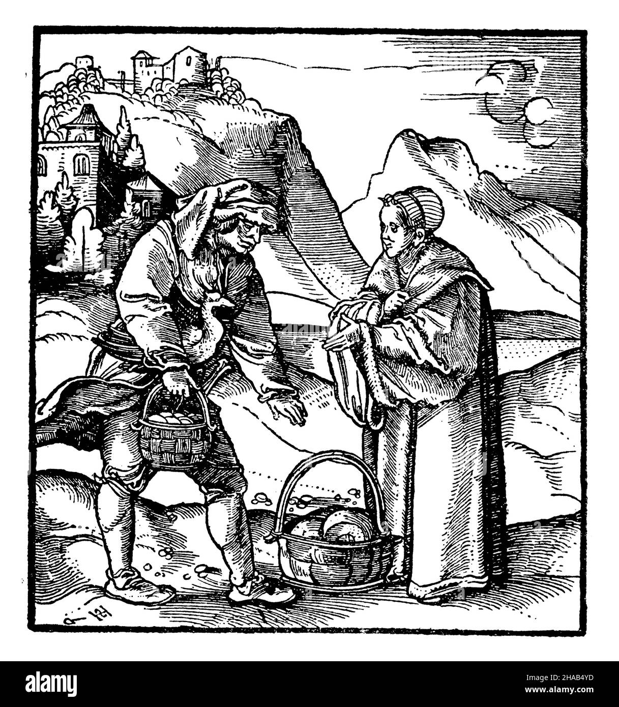 Livraison de la dîme par un paysan.Après une coupe de bois de Schäuselin, , Schäuselin (livre d'histoire de la religion, 1923), Ablieferung des Zehenten durch en Bauern.Nach einem Holzschnitt von Schäuselin, Livraison de la dîme par un paysan.D'après une gravure sur bois de Schäuselin Banque D'Images