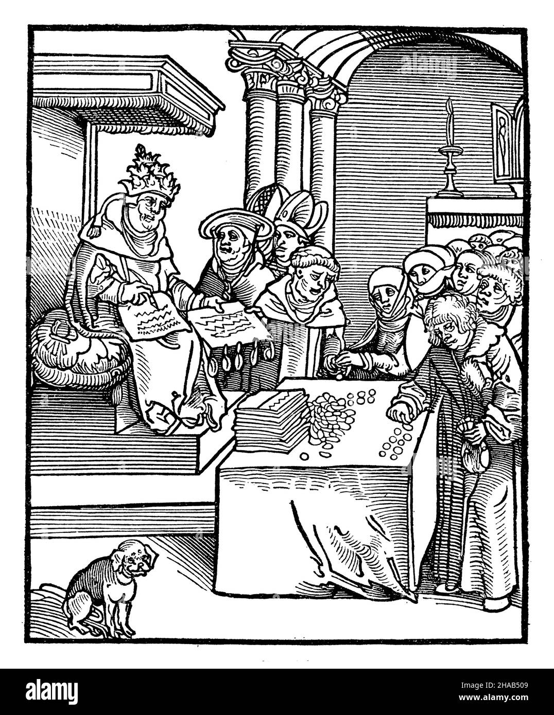 Avec des taureaux, banns le pape les force à rentrer à l'intérieur (en référence à l'expulsion de Jésus des usuriers du temple), , (livre d'histoire de religion, 1923), mit Bullen,Bannbriefen zwingt sie der Papst wieder hinein (bezugnehmend auf die Vertreibung der Wucherer aus dem Tempel durch Jesus), avec des taureaux, des lettres d'interdiction, le pape les forces à y retourner (en référence à l'usuriers du temple par expulsion). Banque D'Images