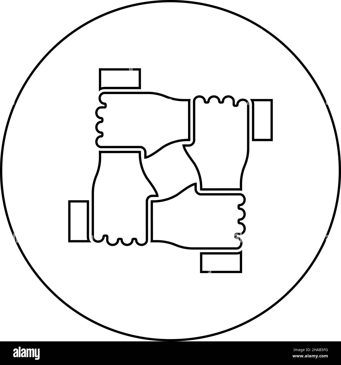 Quatre mains ensemble concept travail d'équipe main unie bras entrelacés l'un avec l'autre sur le poignet icône de collaboration conjointe dans le cercle rond noir Illustration de Vecteur
