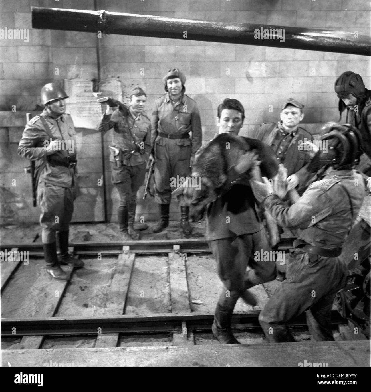 Polska, 1969.Série: Czterej pancerni i pies zrealizowany na podstawie ksi¹¿ki i scenariusza Janusza Przymanowskiego przedstawia³ wojenne losy za³ogi czo³gu Rudy i psa Szarika.Série by³ krêcony W latach 1966-1970 W trzech seriach.Wszystkie 21 odcinków serialu wyre¿yserowa³ Konrad Na³êcki.W mêskich rolach g³ównych (za³oga) wyst¹pili : Roman Wilhelmi (Olgierd Jarosz), Franciszek Pieczka (Gustaw Jeleñ – Gustalik), Janusz Gajos (Jan Kos - Janek), W³odzimierz Press (Gregorij Saakaszwili - Grzeœ), Wies³aw Go³as (Tomasz Czereœniak – Tomuœ).G³ówne rôle kobiece interpretowa³y: Pola Raksa (Marusia) Banque D'Images