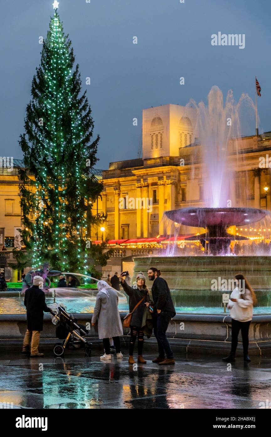 Londres, Royaume-Uni.11th décembre 2021.L'arbre de Noël carré Trafalgar par temps humide.À l'extérieur de la Galerie nationale, les deux sont reflétés dans les pierres wert de la place.Crédit : Guy Bell/Alay Live News Banque D'Images
