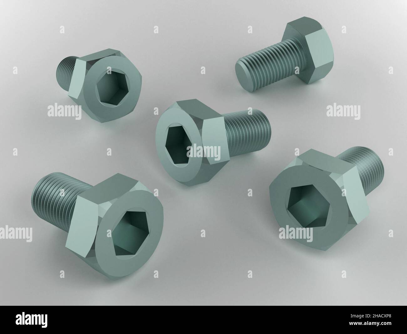 Gros plan des boulons galvanisés sur une surface grise.Boulons bleuis à tête hexagonale et empreinte hexagonale.3D rendu. Banque D'Images
