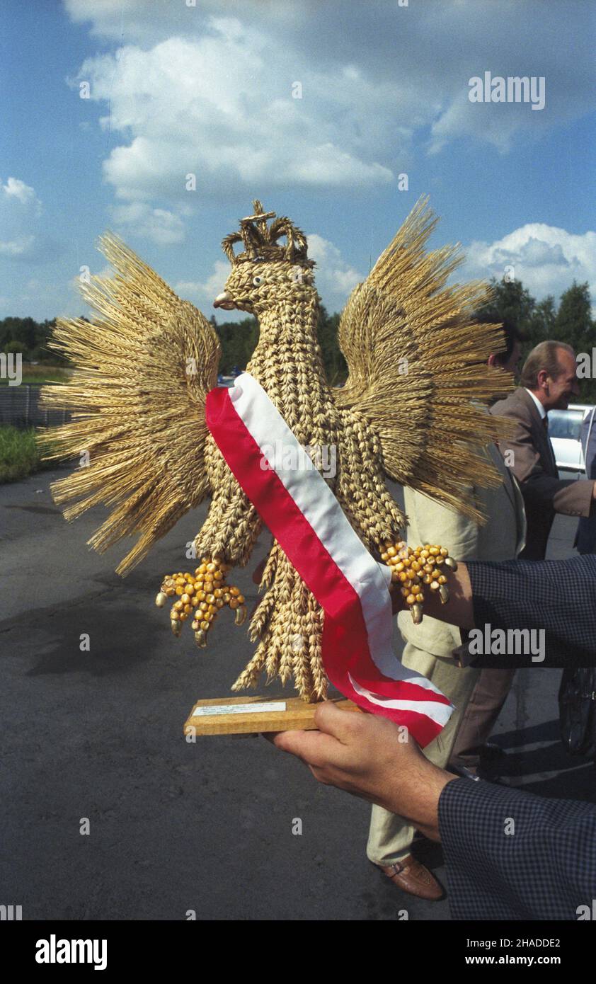 Czêstochowa 01.09.1991.Do¿ynki na Jasnej Górze z udzia³em prezydenta RP Lecha Wa³êsy.NZ. Wieniec do¿ynkowy z k³osów zbo¿a W kszta³cie or³a z koron¹, który prezydent otrzyma³ od rolników. msa PAP/Stefan KraszewskiCzestochowa 1 septembre 1991.Fête de la moisson à Jasna Gora en présence du président de la Pologne.Photo : une couronne de maïs en forme d'aigle - un cadeau des agriculteurs au président. msa PAP/Stefan Kraszewski Banque D'Images