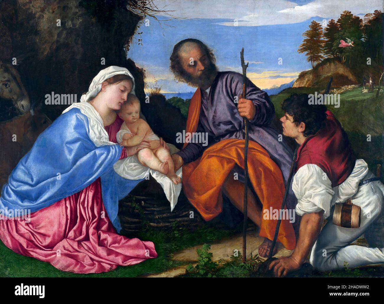 La Sainte famille avec un berger de Tiziano Vecellio (Titien - 1490-1576), huile sur toile, 1532 Banque D'Images