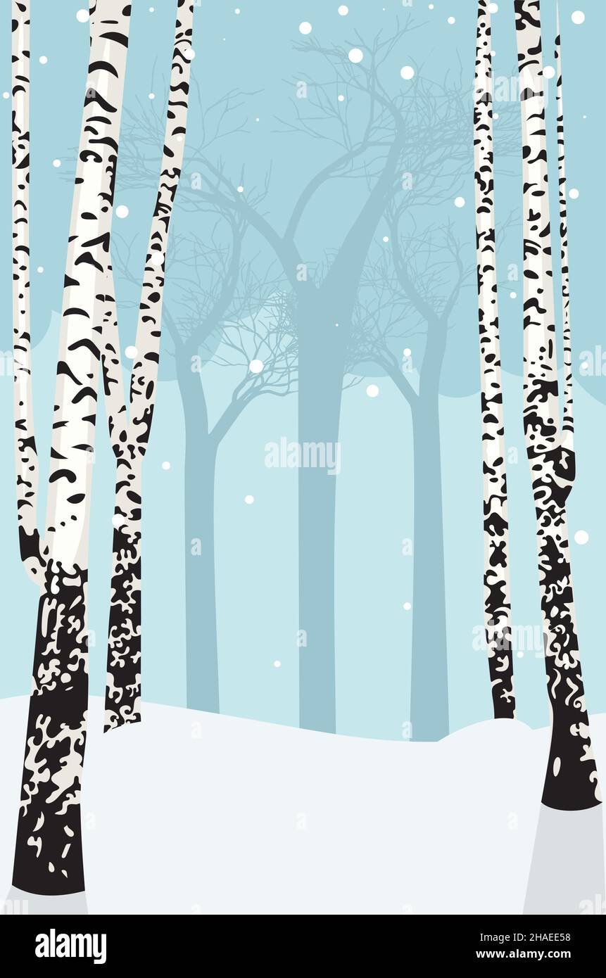 Paysage hivernal enneigé avec illustration des bouleaux sans feuilles. Illustration de Vecteur