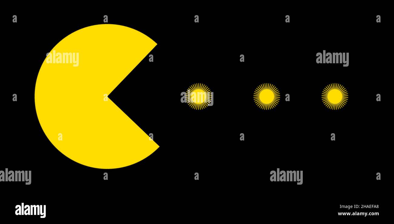 Végétarien PAC-Homme mangeant des fleurs ou des petits soleils, célèbre illustration de thème de jeu vidéo Banque D'Images